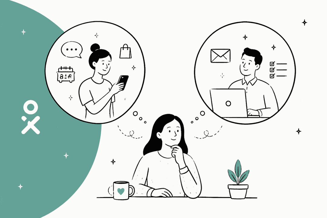 Hand-drawn hero banner of a person weighing two personal AI assistants, one texted from a phone for errands and shopping, the other working through email and tasks at a laptop
