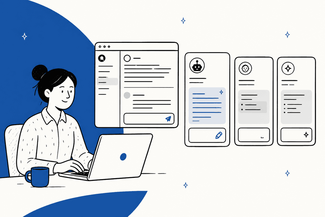 Hand-drawn hero banner in deep blue: a support agent at a laptop with a ticket open and three AI assistant panels lined up beside it for comparison