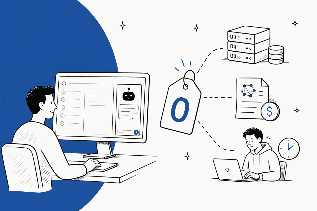 Hand-drawn hero banner in blue: a support agent at a screen with a chatbot in the ticket sidebar, a price tag reading zero, and dashed lines leading to a server rack, an AI bill and an engineer working against the clock