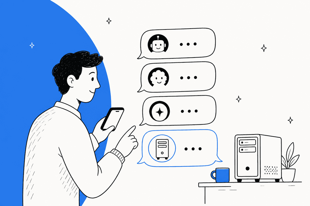 Hand-drawn hero banner of a person holding a phone and pointing at a column of assistant chat bubbles, the last one showing a small home server that also sits on a desk beside them