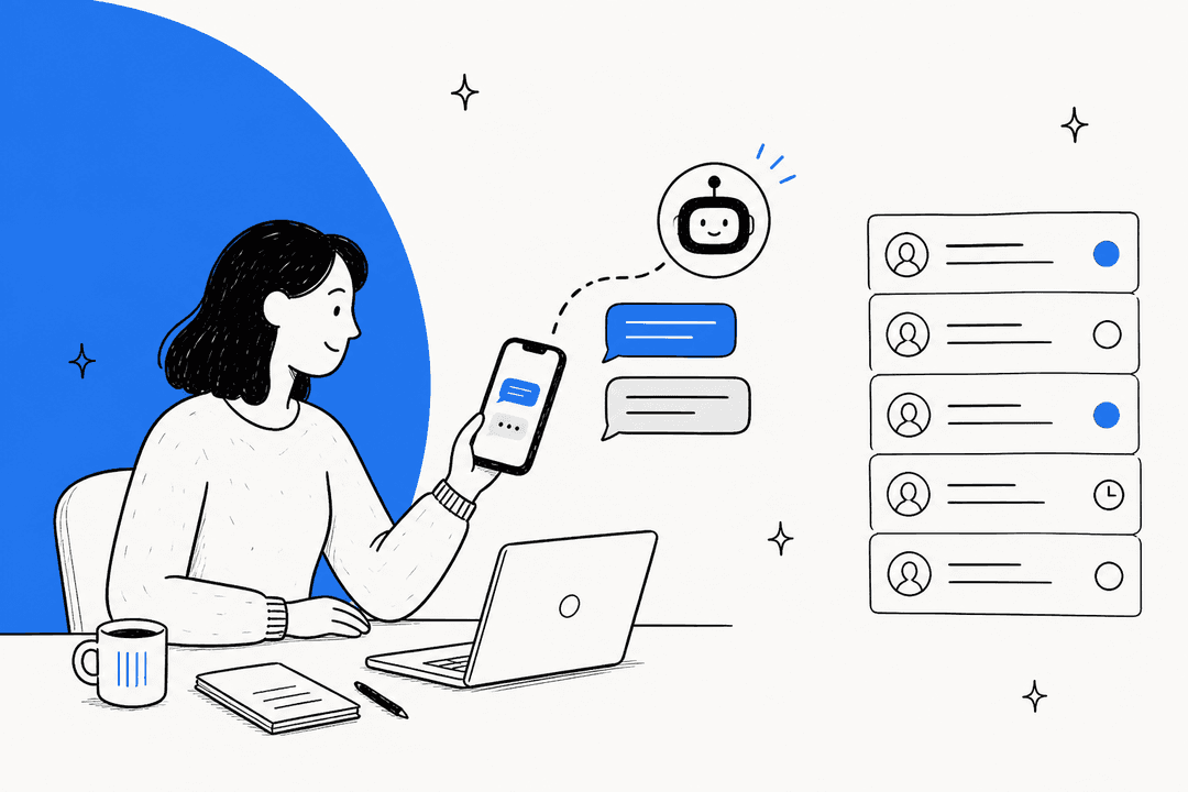 Hand-drawn banner of a support lead texting an AI assistant on her phone while a separate list of customer tickets waits beside her desk