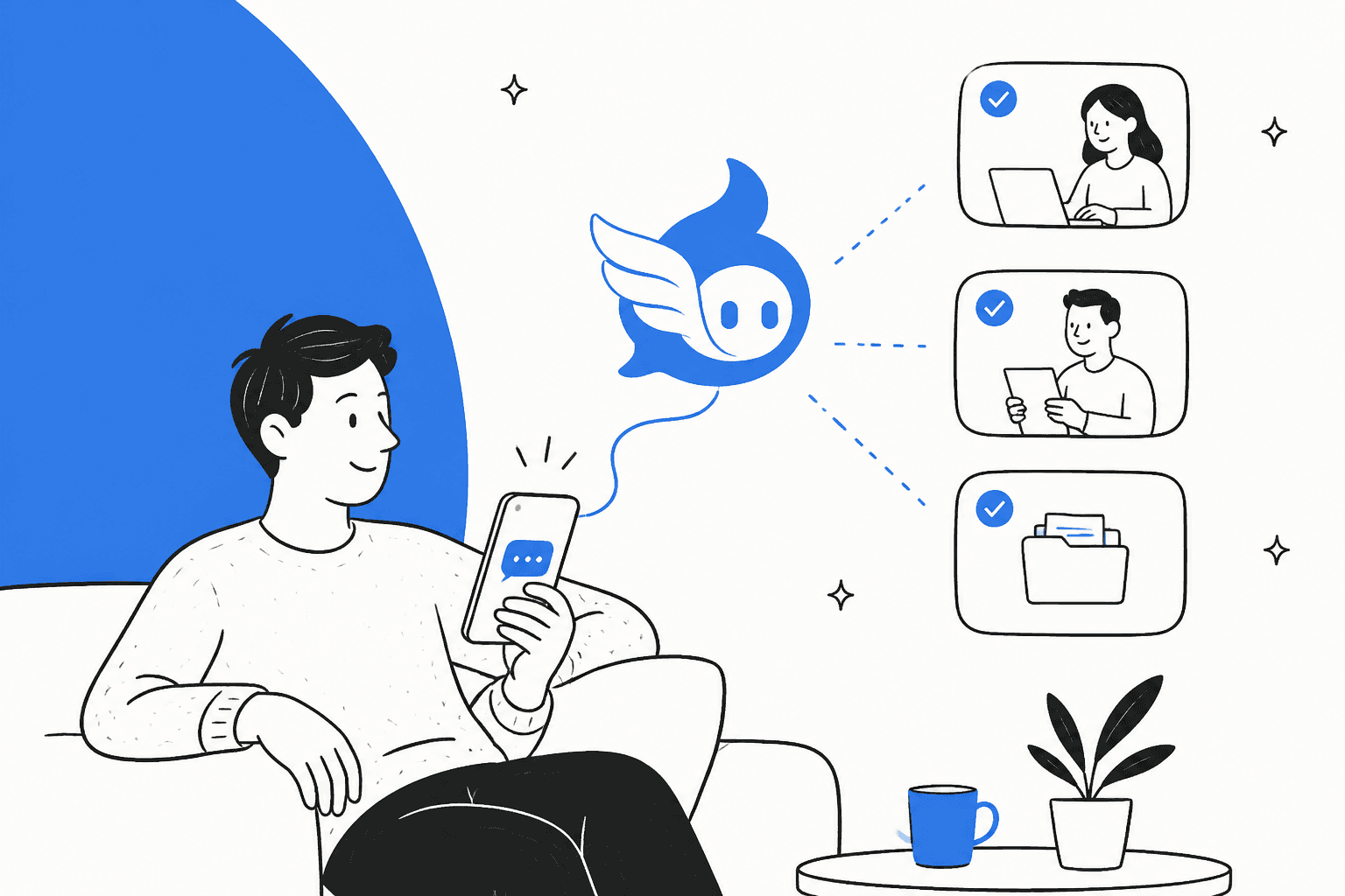 Hand-drawn hero banner for an Iris Hermes Agent review, showing a person texting from an armchair while the winged Iris mascot hands tasks to three people on a blue shape