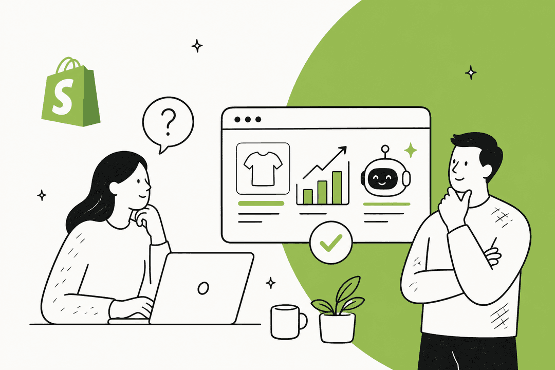 Illustration of two store owners weighing up an AI assistant on a Shopify storefront dashboard