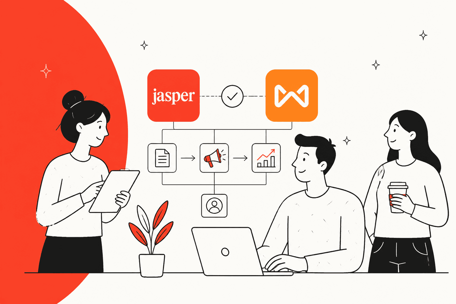 Illustration of a marketing team comparing Jasper and Writesonic, titled Jasper vs Writesonic for 2026