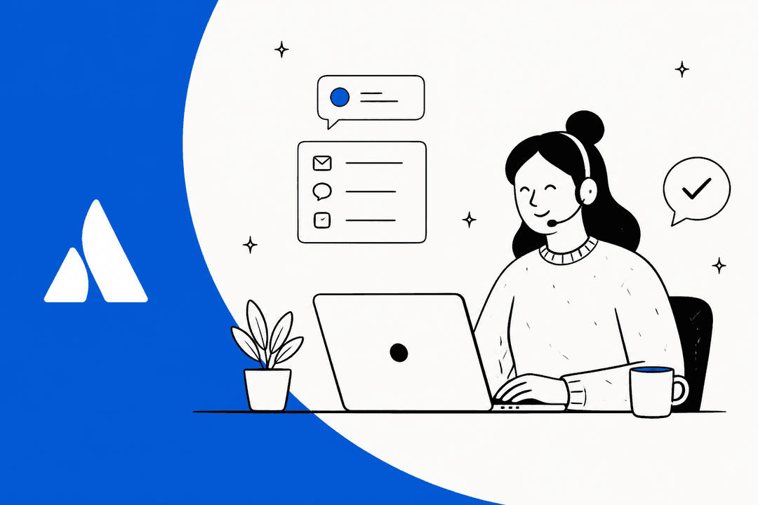 Illustration of a support agent with a headset working a request queue at a laptop beside the Atlassian logo