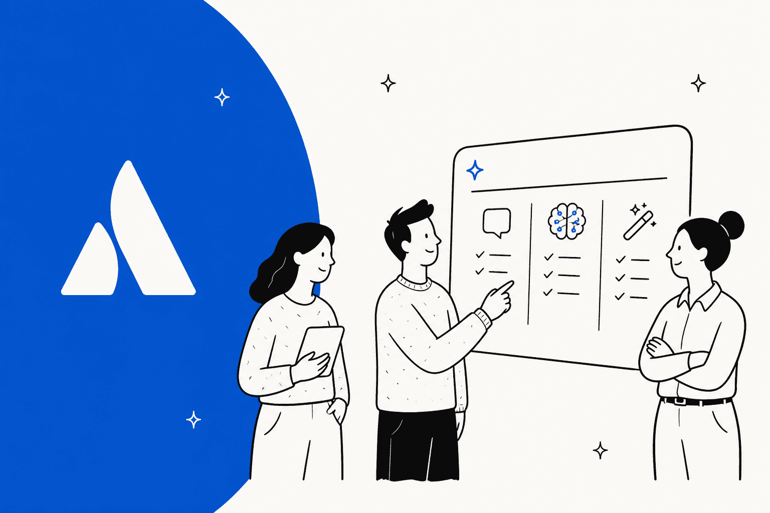 Hand-drawn hero banner of three people reviewing an AI options board next to the Atlassian logo on a blue shape