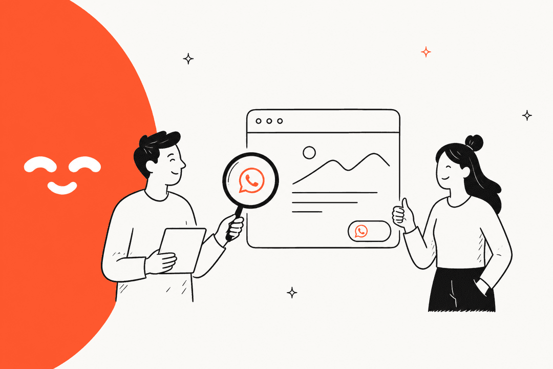 Hand-drawn illustration of a person inspecting a website's WhatsApp chat button with a magnifying glass while a colleague gives a thumbs up, next to the orange Joinchat face mark