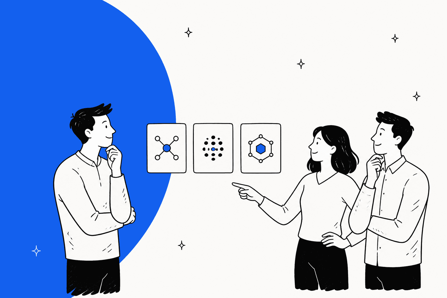 Hand-drawn illustration of three people comparing three model cards, representing a roundup of alternatives to the Kimi K3.1 Pro AI model