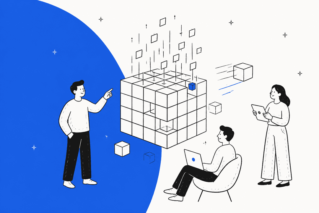 Hand-drawn illustration of three people around a large cube of stacked blocks, representing Moonshot AI's Kimi K3.1 Pro model