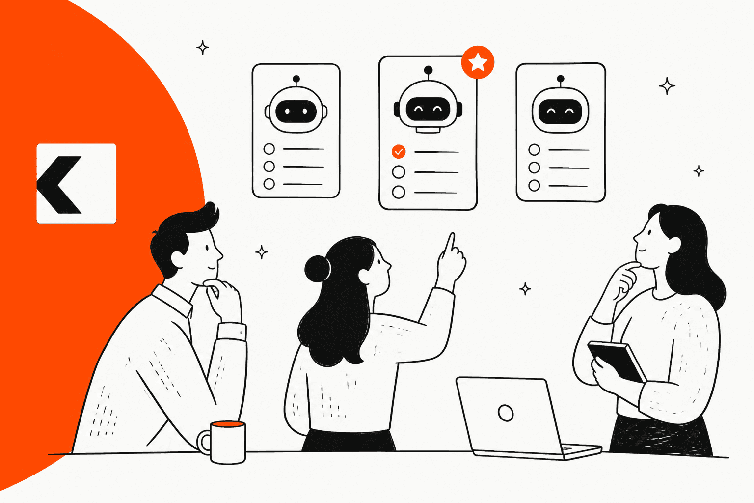 Hand-drawn illustration of a support team comparing three AI agent options on a wall, with the Kodif mark on an orange background