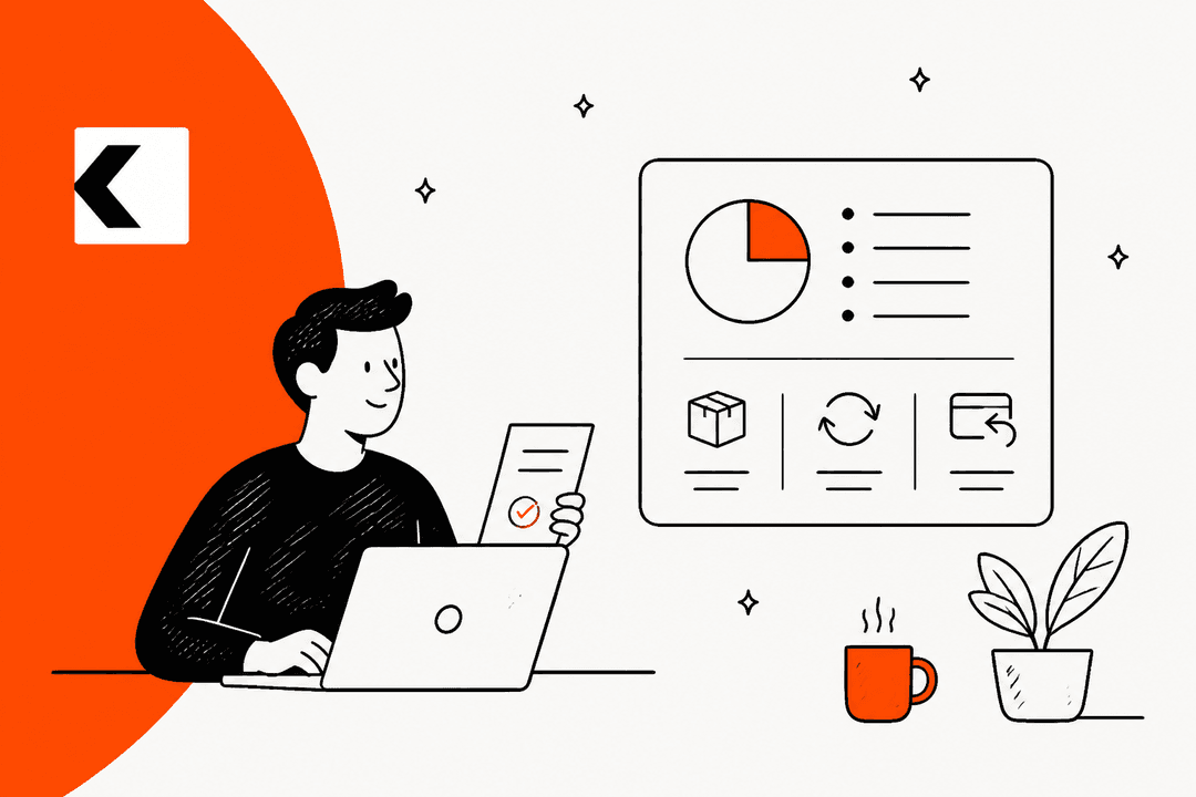Hand-drawn illustration of a person reviewing a bill next to a dashboard with order, subscription and refund icons, with the Kodif logo