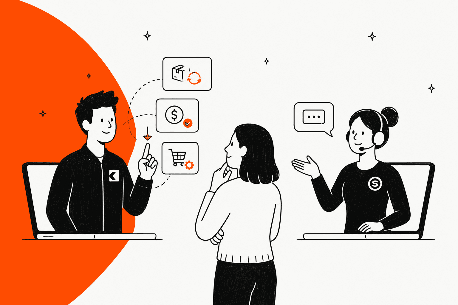 Hand-drawn illustration of a support lead choosing between a Kodif agent showing order, refund and cart actions and a Siena agent in a headset, on an orange background