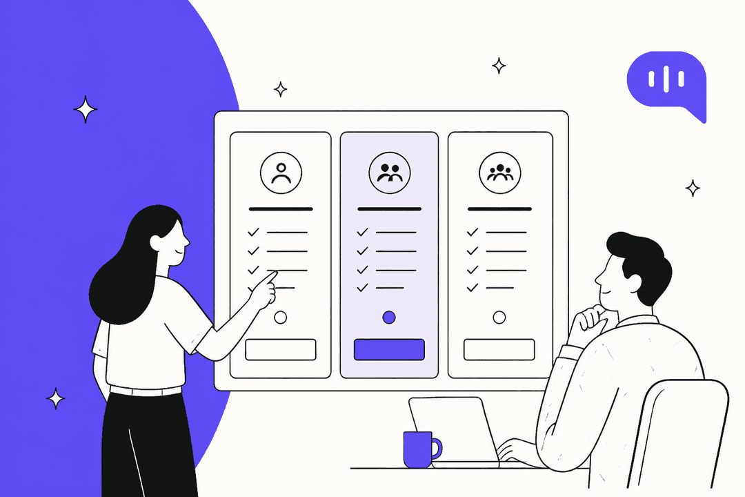 Two people reviewing a three-column pricing table next to the Kommunicate chat logo, Kommunicate AI pricing in 2026