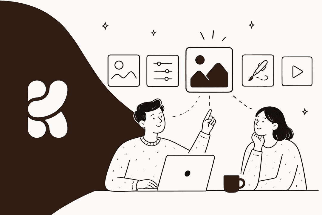 ノートパソコンの前で、画像編集ツールのアイコンが並ぶ様子を比較する2人の手描きイラスト。横にはKreaのロゴが入った濃い茶色のパネル