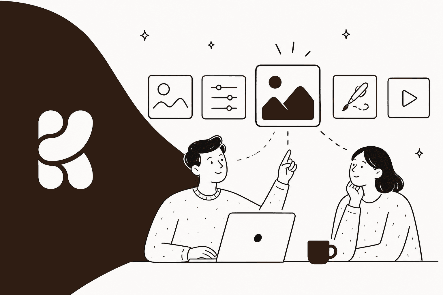Hand-drawn illustration of two people at a laptop comparing a row of image editing tool icons, beside a dark brown panel with the Krea logo