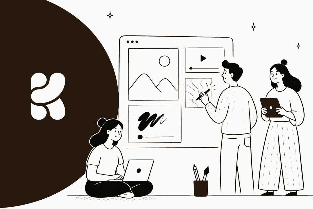 Ilustração desenhada à mão de uma equipe criativa editando imagens e vídeo em um grande quadro ao lado do logotipo da Krea, para um post sobre o Krea 3