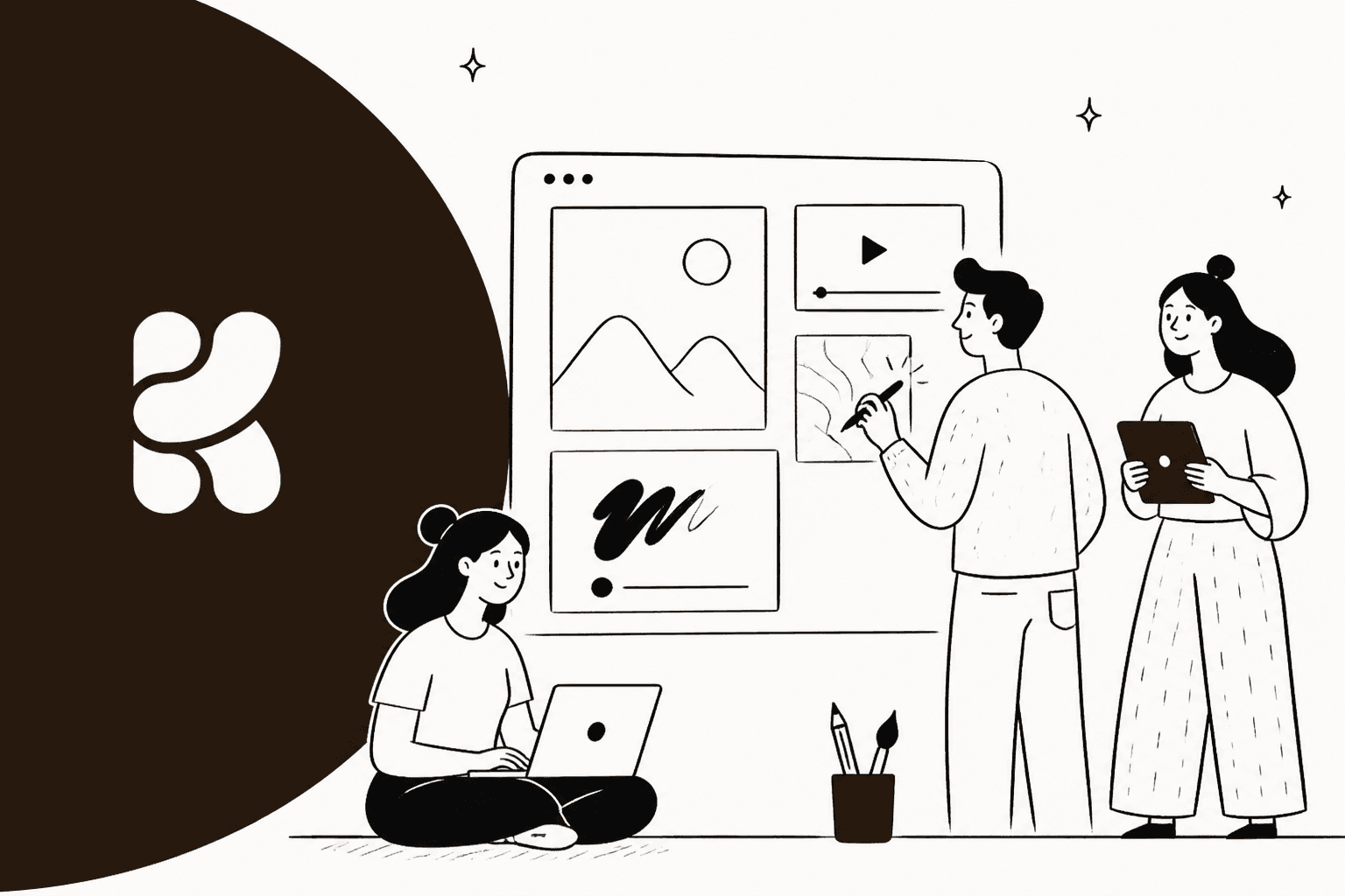 Ilustração desenhada à mão de uma equipe criativa editando imagens e vídeo em um grande quadro ao lado do logotipo da Krea, para um post sobre o Krea 3