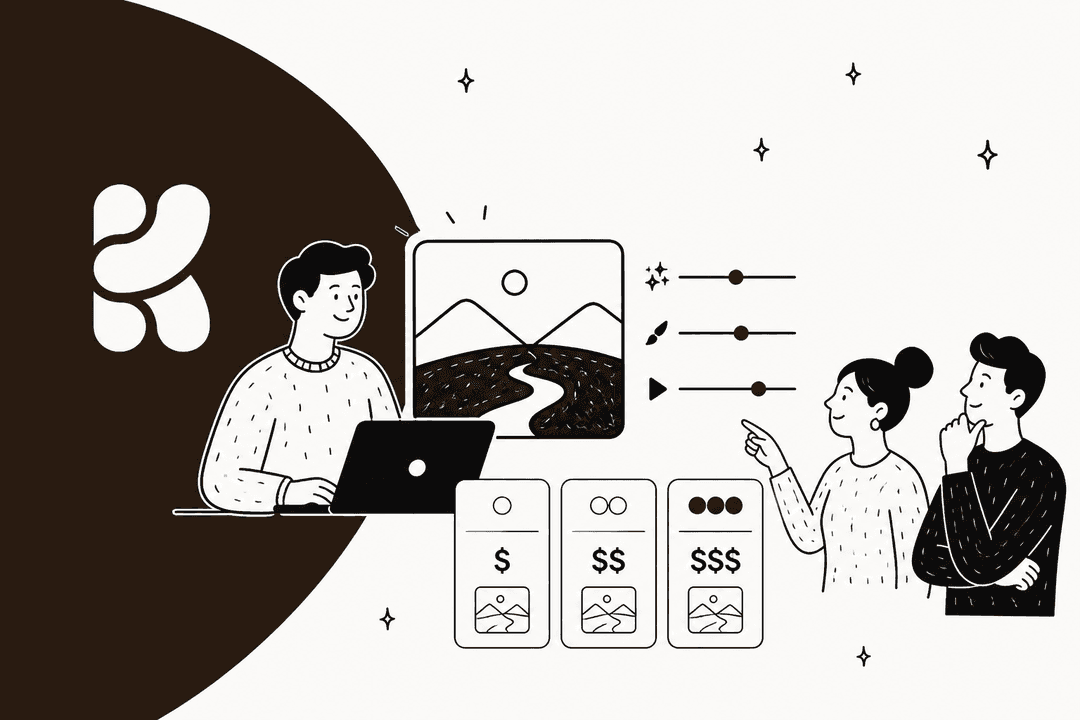 Handgezeichnete Illustration einer Person am Laptop, die ein Landschaftsbild bearbeitet, neben einer dunkelbraunen Krea-Logotafel, mit drei Preiskarten mit $, $$ und $$$ und zwei Kollegen, die darauf zeigen