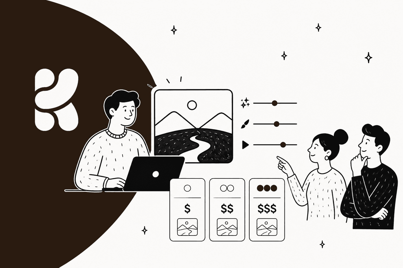 Ilustração desenhada à mão de uma pessoa em um laptop editando uma imagem de paisagem ao lado de um painel marrom-escuro com o logotipo do Krea, com três cartões de preço marcados com $, $$ e $$$ e dois colegas apontando para eles
