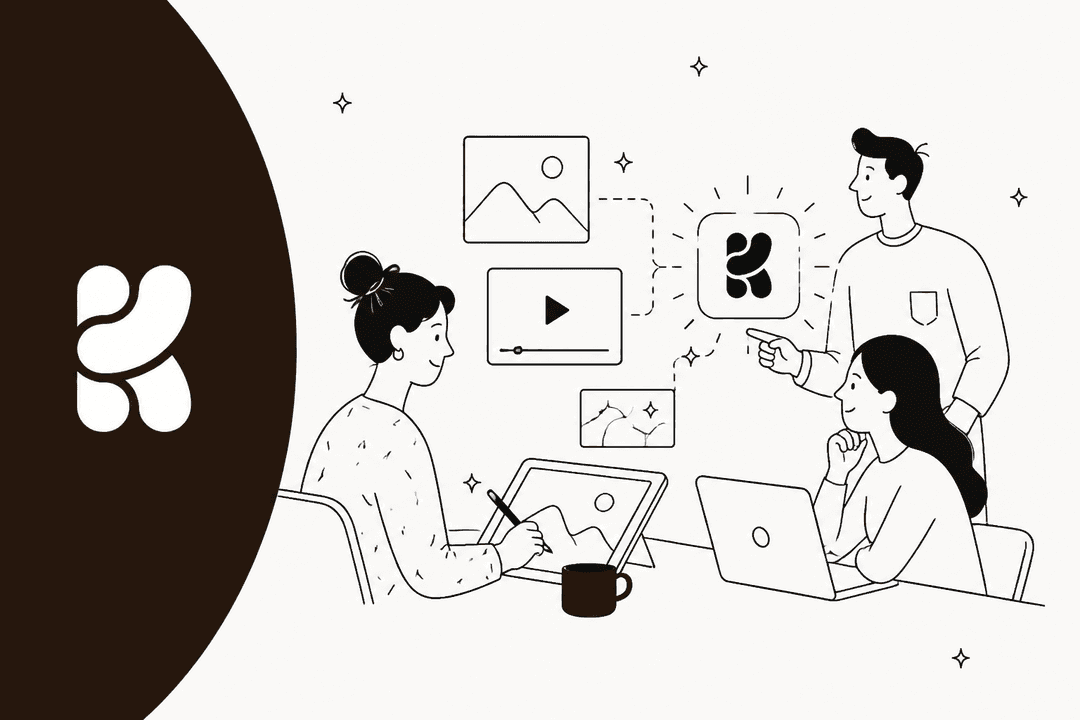 Handgezeichnete Illustration von drei Personen, die Bilder und Videos rund um einen Krea-Logo-Knoten prüfen, neben einer großen dunkelbraunen Krea-Logotafel, für einen Krea-3-Test