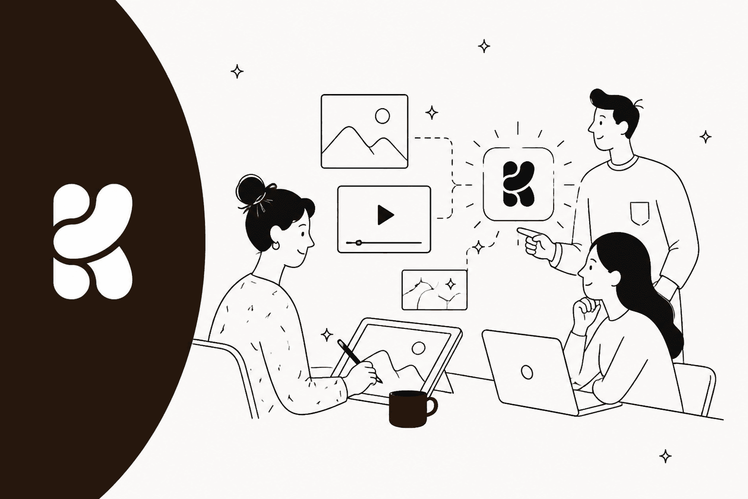 Ilustração desenhada à mão de três pessoas analisando imagens e vídeo em torno de um nó com o logo do Krea, ao lado de um grande painel marrom-escuro com o logo do Krea, para uma análise do Krea 3