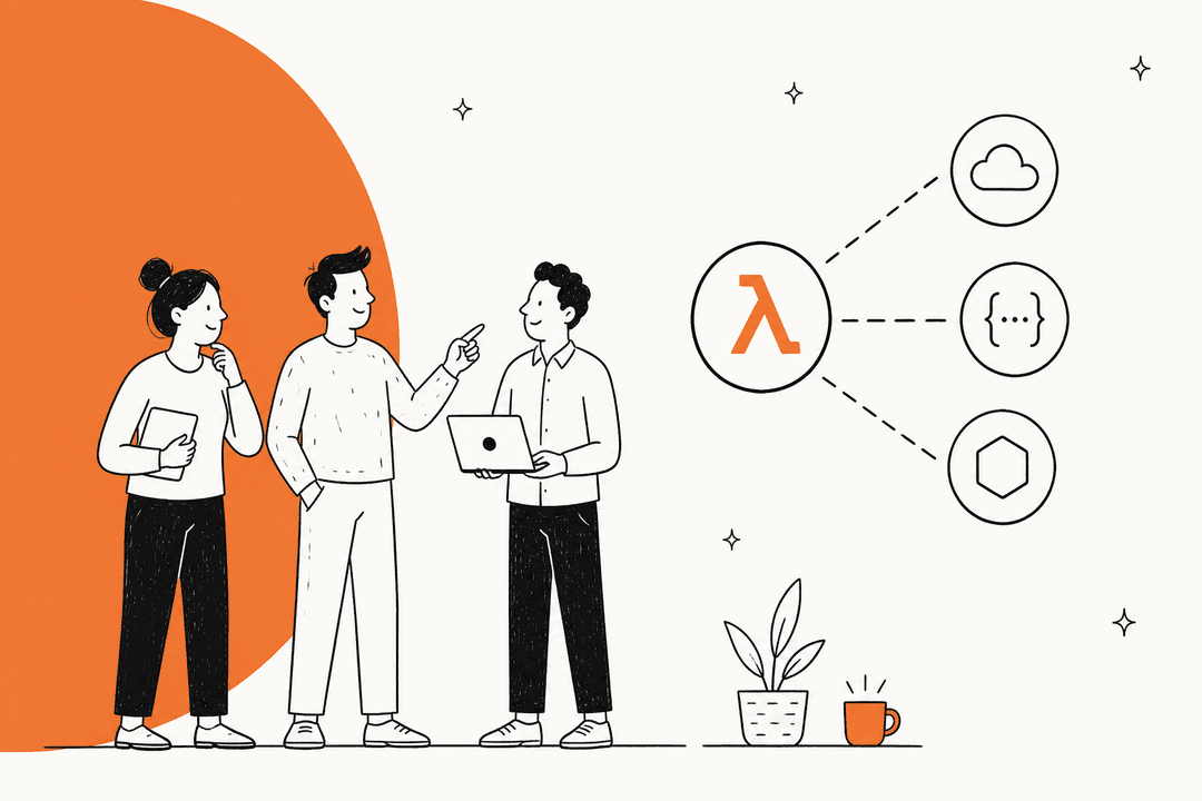 Hand-drawn illustration of three developers discussing serverless alternatives to AWS Lambda, in orange