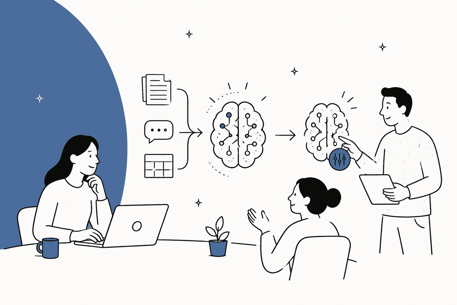 Hand-drawn illustration of documents and chats feeding a model being tuned by a team, in slate blue