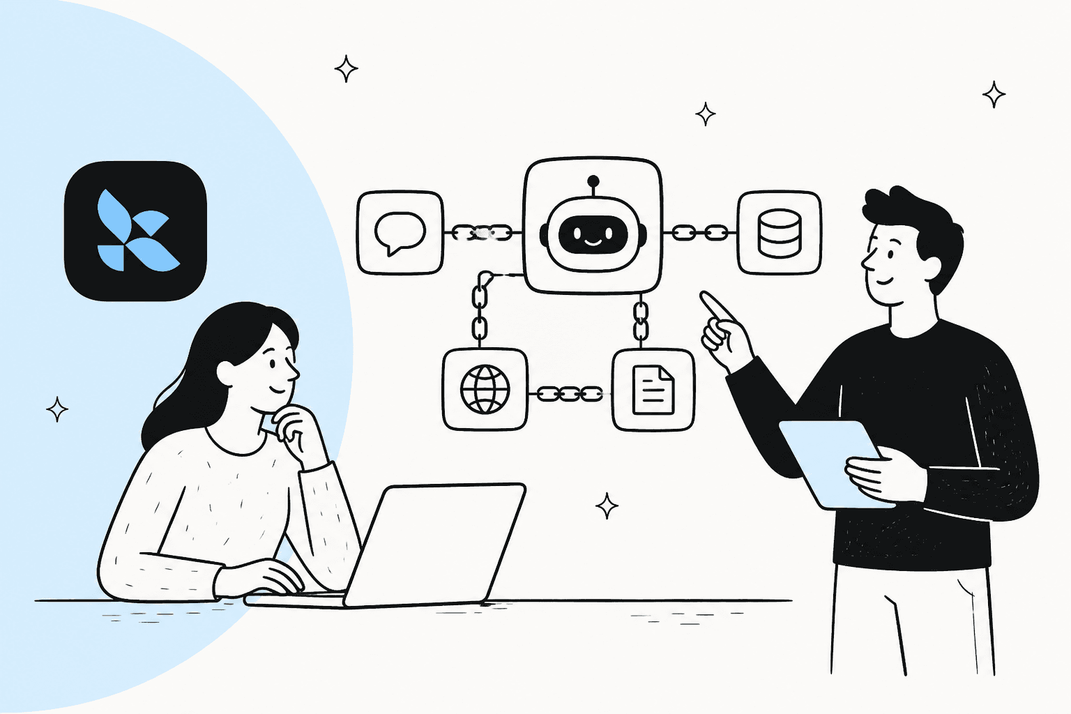 Two people planning an AI agent workflow with connected tool blocks, illustrating the LangChain vs LangGraph vs AgentKit comparison