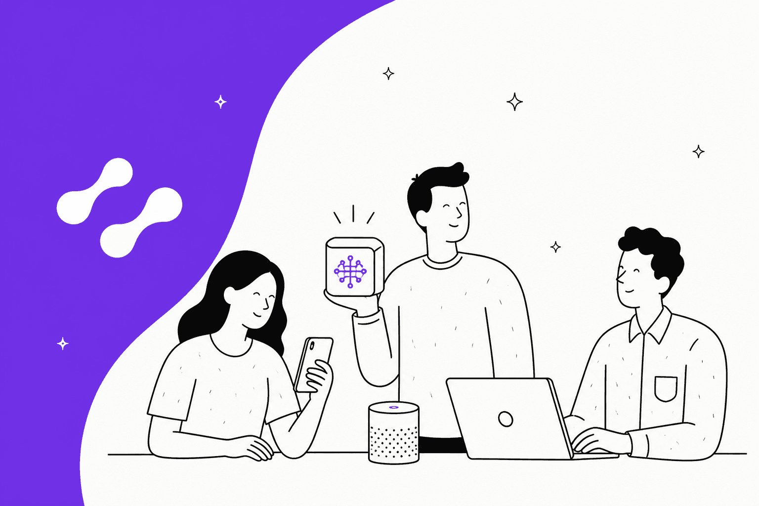 Hand-drawn illustration of three people working with phones, a laptop and a smart speaker beside a glowing AI chip, with the Liquid AI logo on a purple background