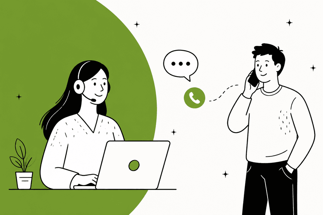 Hand-drawn banner in lime green: a support person with a headset at a laptop on one side, a customer on a phone call on the other, with a speech bubble and a green call icon between them