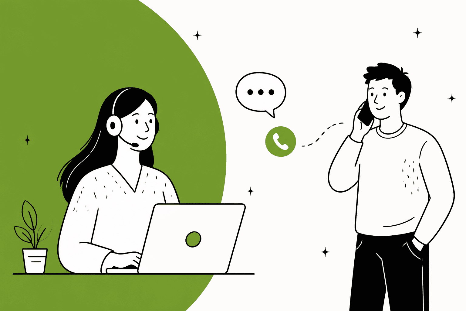 Hand-drawn banner in lime green: a support person with a headset at a laptop on one side, a customer on a phone call on the other, with a speech bubble and a green call icon between them