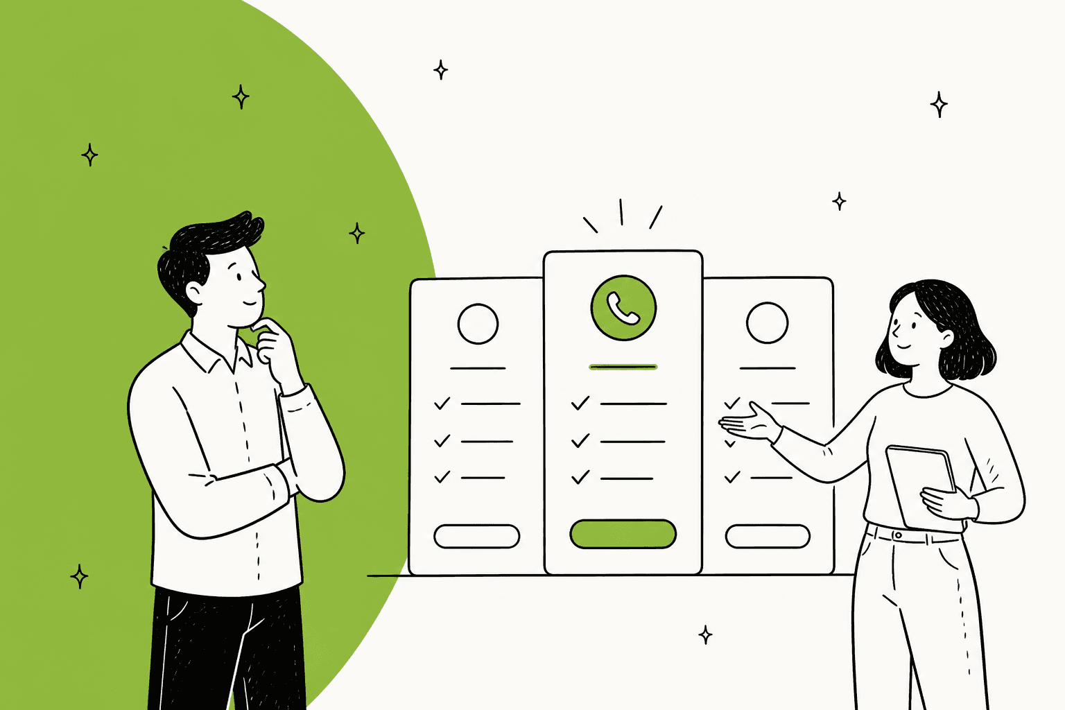 Live Chat Alternative pricing hero banner in lime green, a man weighing three hand-drawn plan cards while a woman points to the middle card with a phone icon