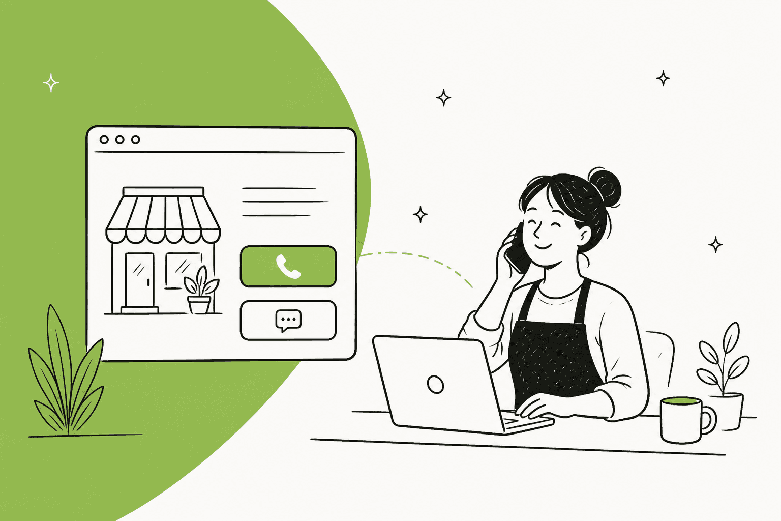 Live Chat Alternative review hero banner in lime green, a small business owner taking a phone call at her laptop next to a website window with a green call button and a message button