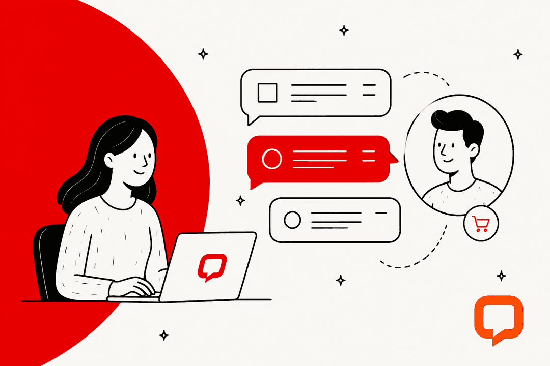 LiveChat pricing 2026: illustration of a support agent chatting with a customer beside a red LiveChat-branded color block