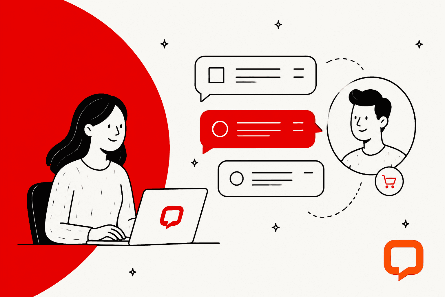 LiveChat pricing 2026: illustration of a support agent chatting with a customer beside a red LiveChat-branded color block