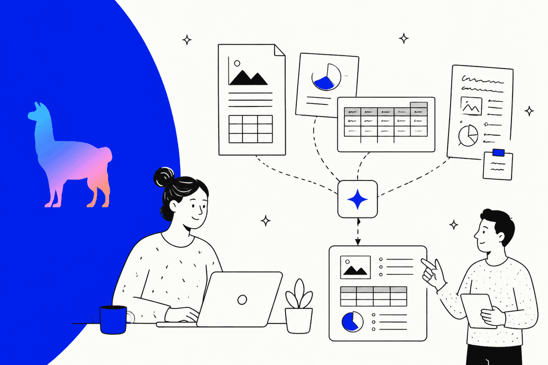 Hand-drawn illustration of two people working with documents, charts and tables flowing into an AI node, next to the LlamaIndex llama