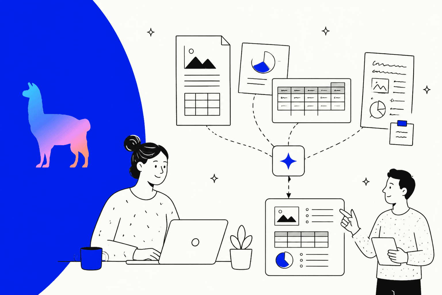 Hand-drawn illustration of two people working with documents, charts and tables flowing into an AI node, next to the LlamaIndex llama