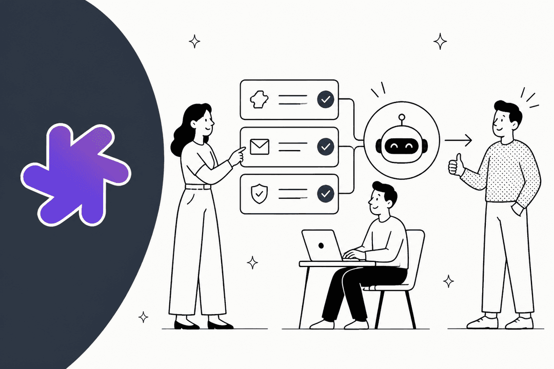 Illustration of a support team routing ticket categories to an AI agent, in Macha purple