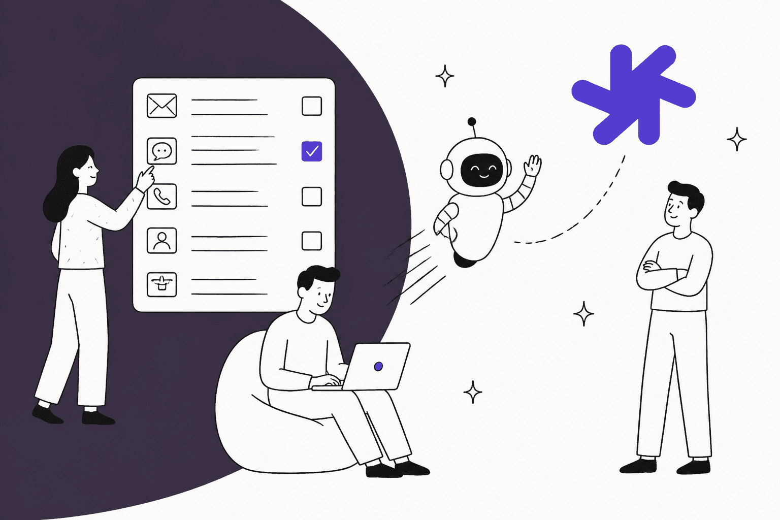 Illustration of a support lead choosing ticket channels for an AI agent, in Macha purple