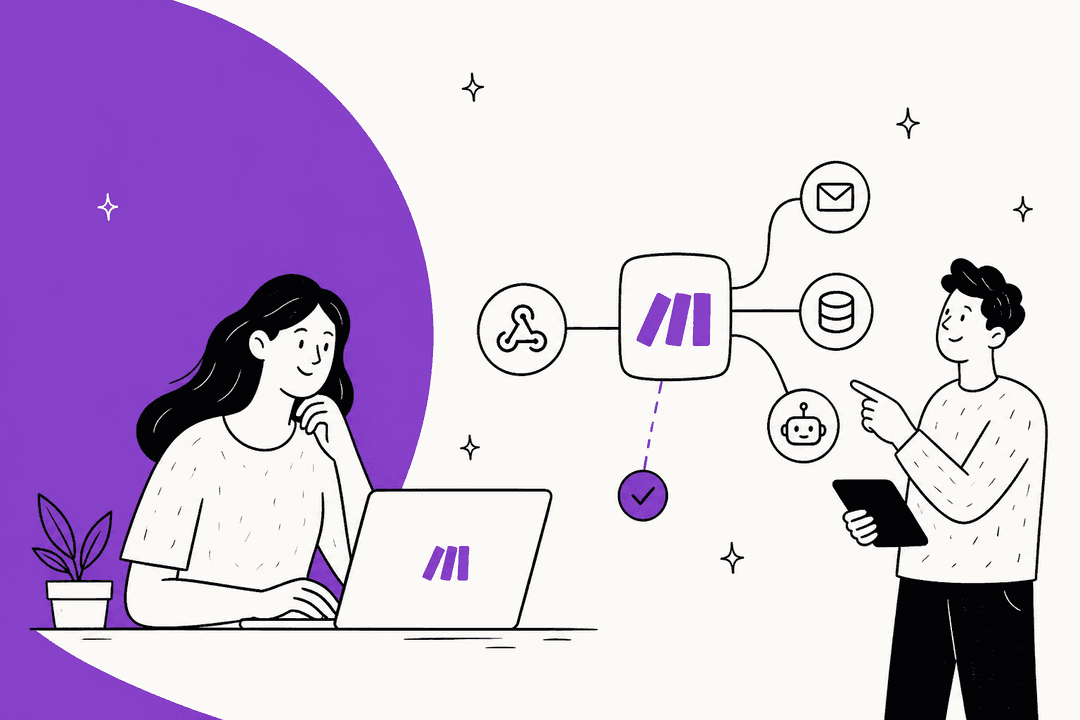 2人がMakeのシナリオを組み立てている手描きのイラスト。中央のMakeロゴがメール、データベース、Webhook、ボットのアイコンとつながっている