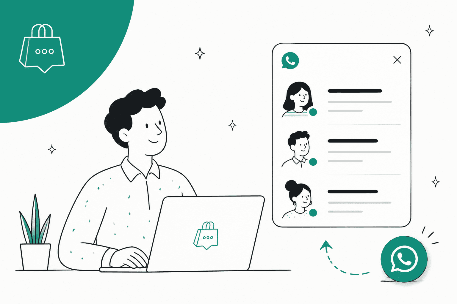 Hand-drawn illustration of a person at a laptop next to a WhatsApp chat widget listing three team members with green online dots, and a floating green chat button