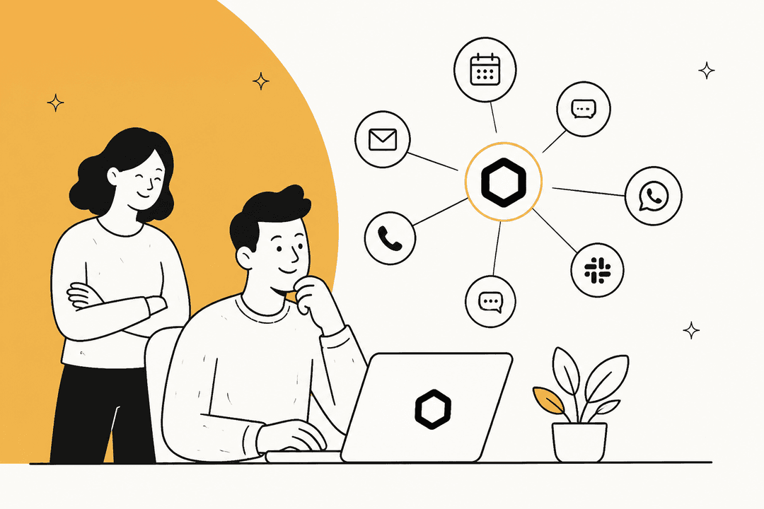 Hand-drawn hero banner for a Martin AI review, showing two people at a laptop beside a hub connecting email, calendar, chat, phone, WhatsApp and Slack icons on an amber shape