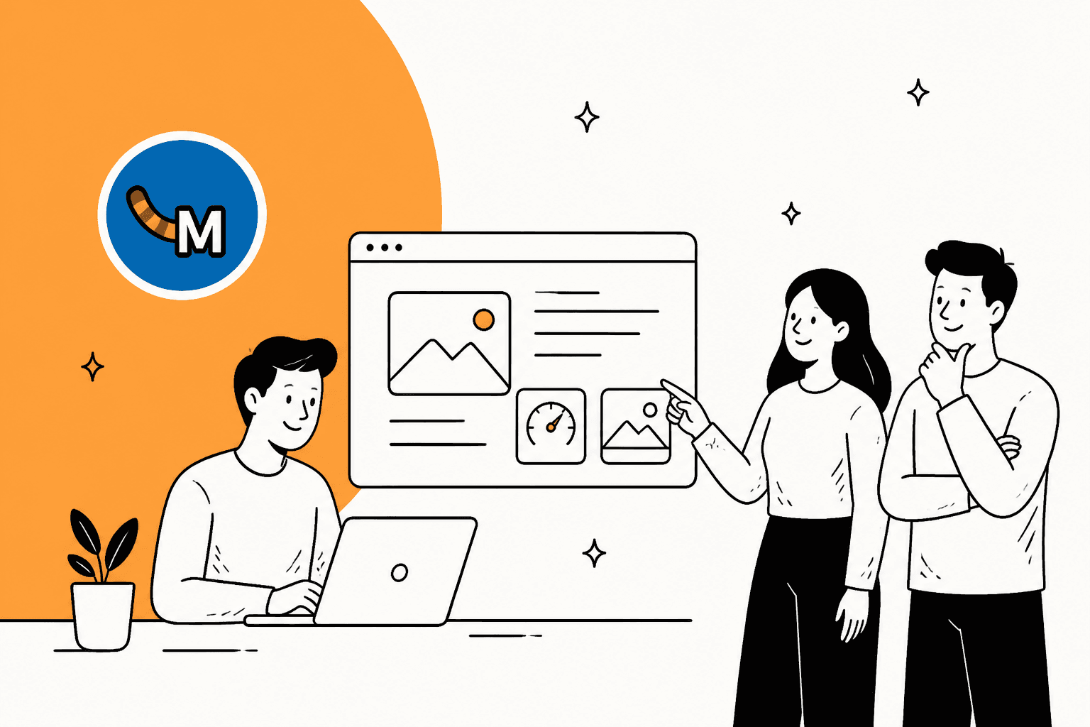 Meow AI Engine alternatives hero banner in orange, three people around a website mockup with a speed gauge, beside the Meow Apps logo