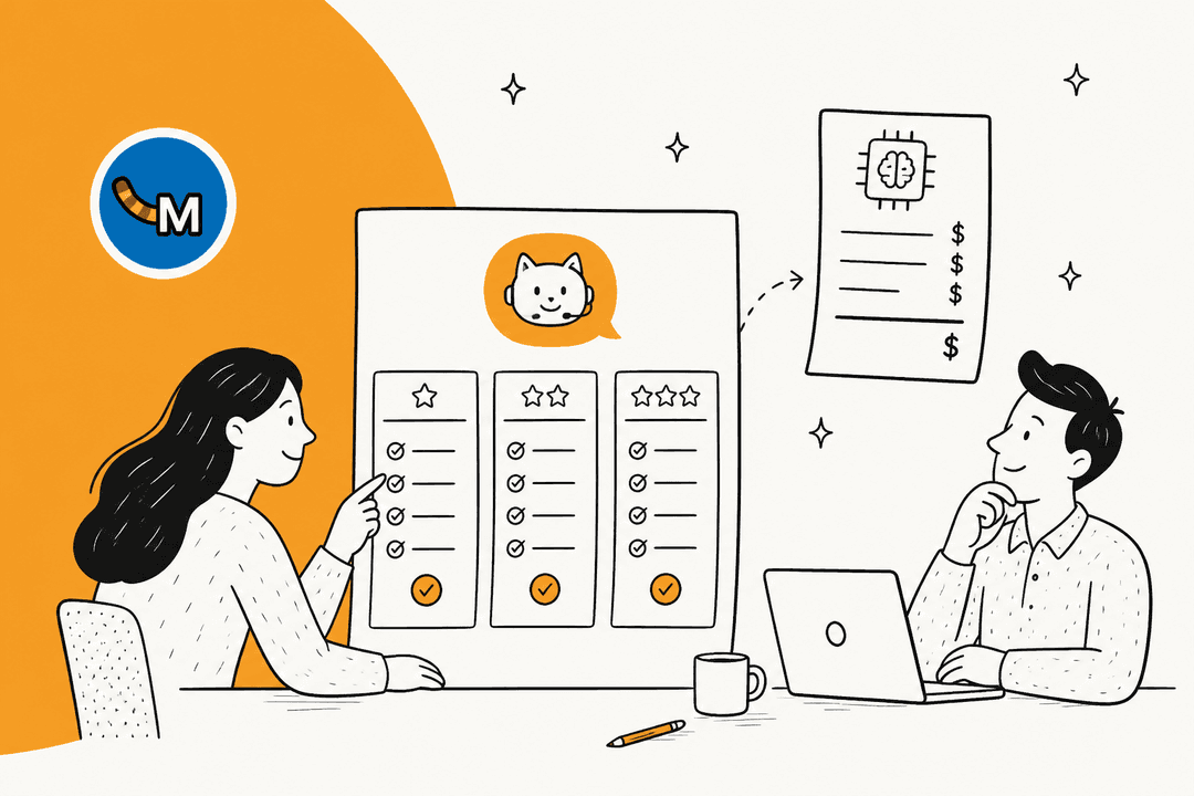 Meow AI Engine pricing hero banner in orange, two people comparing three hand-drawn license cards under a cat chatbot icon, with a separate AI provider bill pinned to the wall