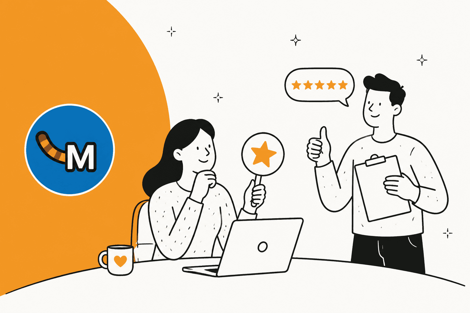 AI Engine review hero banner in Meow Apps orange, two people at a laptop rating a plugin with five stars and a thumbs up, with the Meow Apps tail-and-M logo on a blue circle