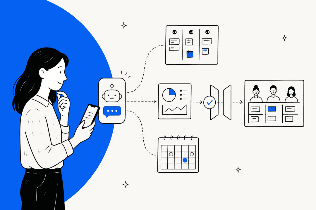 Hand-drawn illustration of a project manager holding a phone with an AI agent chat, dashed lines to a task board, a status report and a calendar, passing through an approval check before reaching the team's board