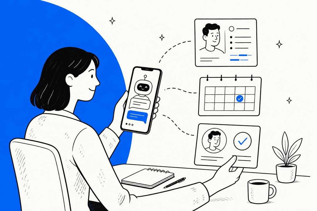 Hand-drawn illustration of a recruiter at a desk holding a phone with an AI agent chat, with dashed lines to a candidate profile card, an interview calendar and a hiring decision card the recruiter holds herself