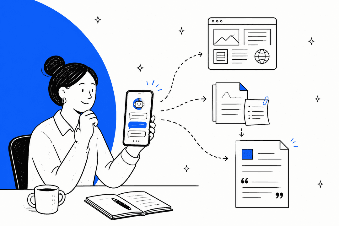 Hand-drawn illustration of a researcher holding a phone with an AI agent chat, with dashed lines to a browser window, a stack of notes and a finished research brief with quote marks