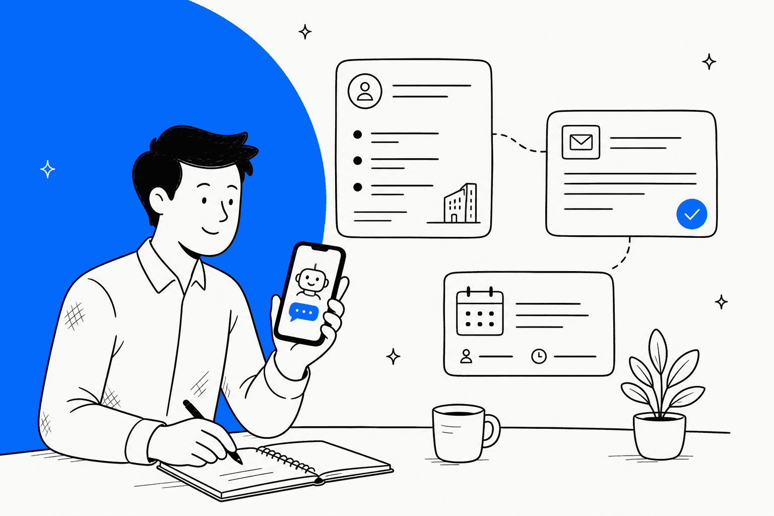 Hand-drawn illustration of a salesperson at a desk holding a phone with an AI agent chat, with dashed lines to a client brief card, an approved email card and a calendar invite card