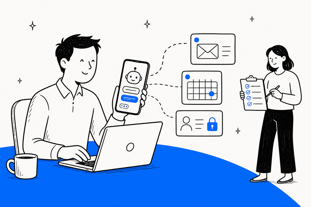 Hand-drawn illustration of an office worker at a laptop holding a phone with an AI agent chat, dashed lines to email, calendar and locked badge cards, while a colleague reviews an IT checklist